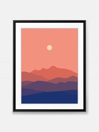 Vector Sunset Mountain View Landscape Minimal Painting on Wall with Black Frameのイラスト素材