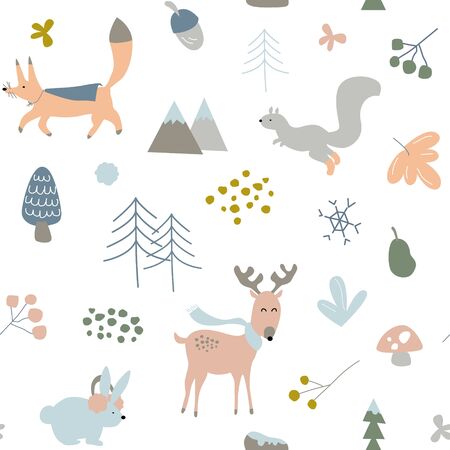 Vector Kids, Children or Infants Seamless Repeat Pattern, Winter Forrest Animal Themeのイラスト素材