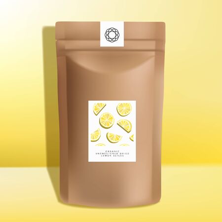 Vector Kraft Paper Zipper Pouch or Sachet Packaging, Dried Lemon Slices Snack Designのイラスト素材