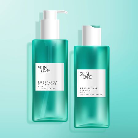 Vector Tinted Green Bathing, Sanitzer, Soap, Medical, Shampoo or Wash Bottle, Disc Cap and Pumpのイラスト素材