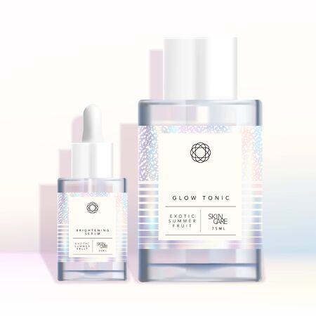 Vector Holographic Iridescent Round Bottle & Dropper Bottle Bathing Shower Serum Concentrates Cosmetics Skincare Gift Aromatherapy Trendy Chic Packagingのイラスト素材