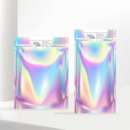 Vector Holographic or Iridescent Neon Zipper Pouch or Sachet with White Labelのイラスト素材