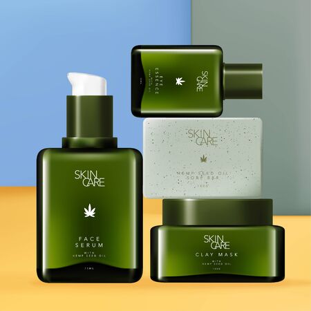 Vector CBD Hemp Seed Oil Skincare and Body Care Set with Tinted Green Facial Serum or Eye Essence Pump Glass Bottle, Clay Mask Jar and Exfoliating Soap Bar.のイラスト素材