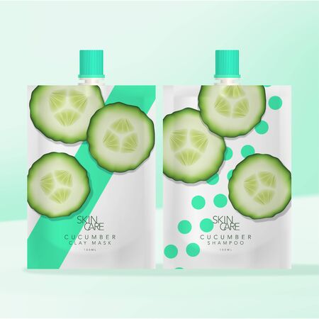 Vector Beverage, Skincare Clay Mask or Body Care Shampoo or Body Wash Screw Cap Packet Flexible Packaging. Cucumber Pattern Printed.のイラスト素材