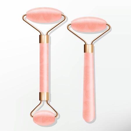 Vector Trendy Natural Rose Quartz Crystal Roll on Face Massager with Golden Plating Metalのイラスト素材