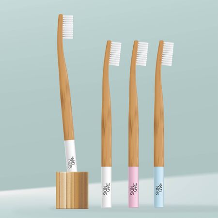 Vector Bamboo or Wooden Handle Toothbrush Illustration with Minimal Toothbrush Stand.のイラスト素材