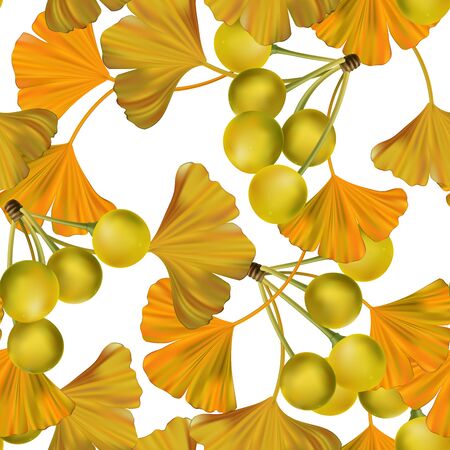 Vector Autumn Theme Golden Ginko Realistic Illustration Seamless Patternのイラスト素材