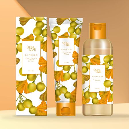 Vector Ginkgo Theme Beauty, Skin Care or Health Care Transparent Bottle or Tube Packaging with Carton Outer Box Illustration.のイラスト素材