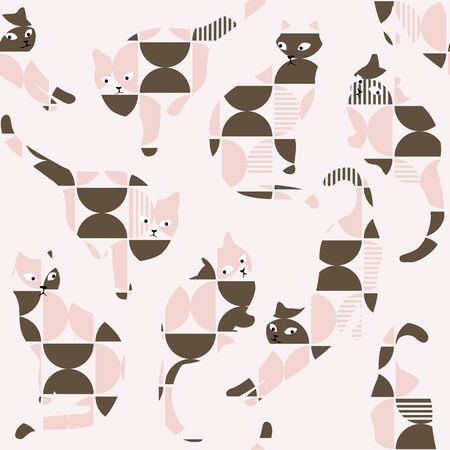 Vector Retro Abstract Geometric Cat Silhouette Seamless Pattern, Pink & Brown.のイラスト素材