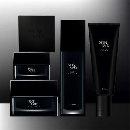 Vector Black Toiletries or Beauty Packaging Set with Black square Cap Clear Jar, Bottle & Tube.のイラスト素材