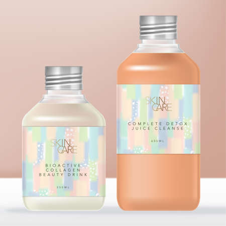 Vector Soda or Juice Beverage Clear Plastic Bottle with Metallic Silver Screw Cap. Pastel Abstract Wrap Around Label Design.のイラスト素材