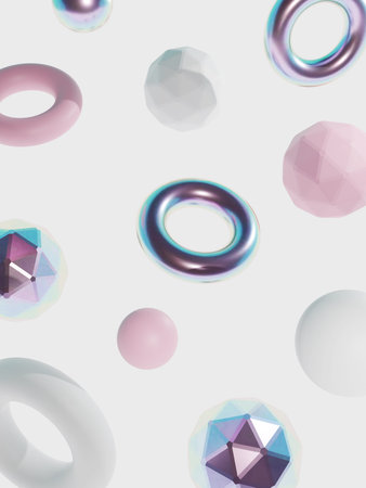 Abstraction Blur 3D Rendering Art, Minimal Geometric Shapes Background with Pastel Holographic, Matte and Pastel Pink Colors.の写真素材
