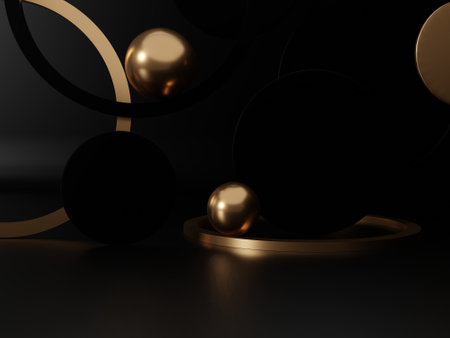 3D Rendering Studio Shot Product Display Background with Black and Gold Spheres, Plates and Rings for Festive Luxury Products.の写真素材