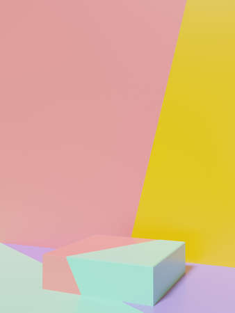 3D Rendering Multi Colors Product Display Background with Platform for Anniversary, Celebration or Party Events. Purple, Yellow, Pink and Turquoise.の写真素材