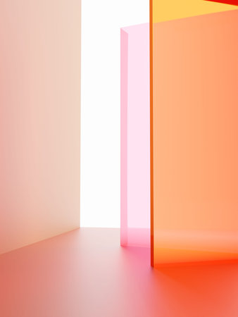 3D Rendering Studio Shot Vibrant or Neon Pink and Orange Transparent Acrylic Board Overlapping...