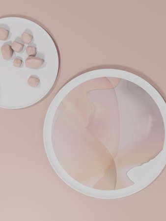 3D Rendering Minimal Round Plates with Water Color Drawing Effect Product Display Background for Beauty, Healthcare, Skincare, Food and Beverage Products. White and Pink.の写真素材