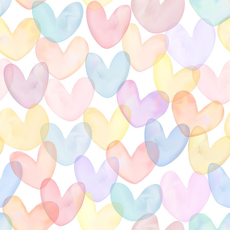 Vector Gradient Mesh Watercolor Drawing Multi Colors Overlapping Heart Shapes Seamless Pattern in Pastel Pink and Yellow.のイラスト素材