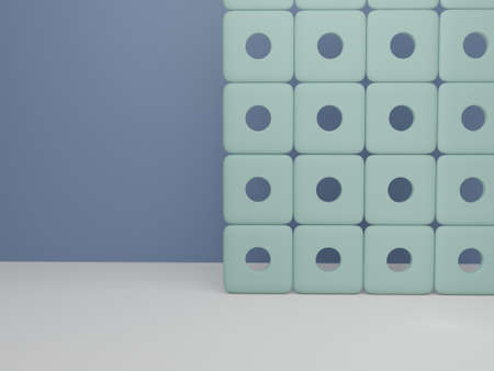 3D Rendering Retro Style Minimal Geometric Screen Product Display Background for Beauty or Fashionable Products. Green, Blue, and Beige.の写真素材