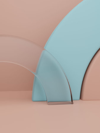 3D Rendering Multi Colors Studio Shot Product Display Background with Rainbow or Clear Acrylic Glass Jigsaw Blocks for Anniversary, Celebration or Party Events. Pink and Blue.の写真素材