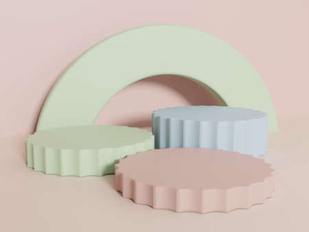 3D Rendering Multi Colors Studio Shot Product Display Background with Stacking Platform Blocks for Anniversary, Celebration or Party Events. Pink, Green and Blue.の写真素材