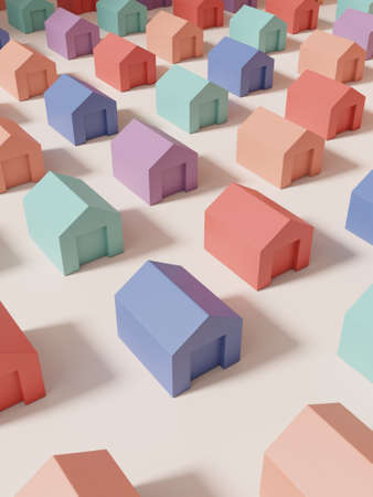 3D Rendering Multi Pastel Colors Studio Shot Miniature or Rainbow Jigsaw Blocks Houses Background for Card, Poster or Web Banner. Purple, Yellow, Pink andの写真素材