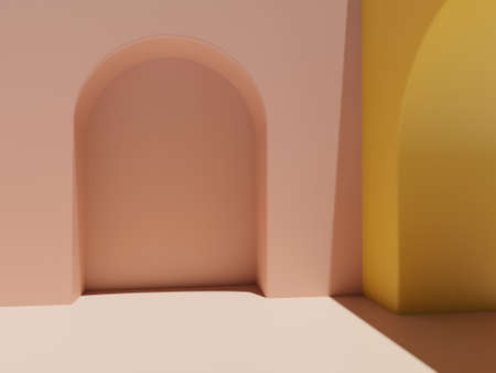 3D Rendering Pastel Pink and Yellow Minimal Geometric or Abstract with Arch Door Product Display Background for Beauty or Fashionable Products.の写真素材