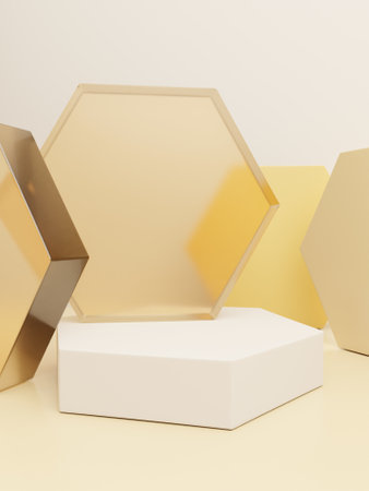 3D Rendering Honeycomb Shape Acrylic Glass Product Display Background for Honey Healthcare and Skincare Productsの写真素材