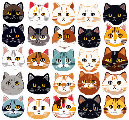 Vector Retro Hand Drawn Japanese Style Wild Cat or Kitten Face Seamless Surface Pattern for Products or Wrapping Paper Prints.のイラスト素材