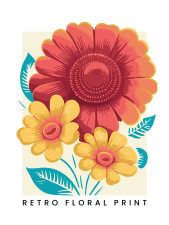 Vector Minimalist Retro Screen Print Botanical Floral Surface Pattern for Poster, Book Cover or Advertisement Background.のイラスト素材