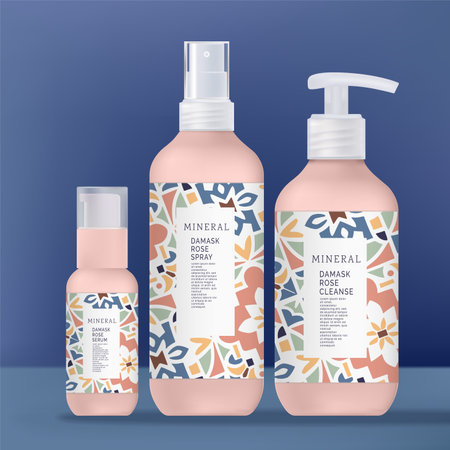 Vector Tinted Plastic Spray, Pump Bottle and Serum Bottle Package Set with Wrapping Label. Transparent White Caps.のイラスト素材