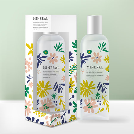 Vector Clear Plastic Spray, Pump or Serum Bottle Packaging with Botanical Print Pattern and Carton Box.のイラスト素材