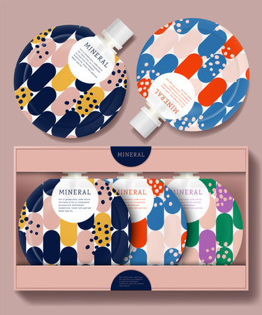 Vector Round Packet with White Screw Cap Bundle Box Set, Abstract Pattern Printed. Packaging Mockup for Face Mask, Body Lotion, Body Wash, Seasoning and Sauce.のイラスト素材