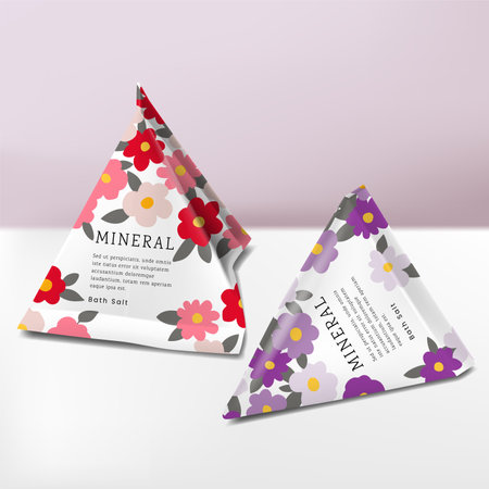 Vector Bath Salt or Candy Pyramid Packet or Bag Packaging with Floral Print.のイラスト素材