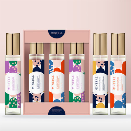 Vector Clear Glass or Plastic Tall Screw Cap Perfume or Fragrance Bottle with Abstract Print Open Window Carton Box Packaging.のイラスト素材