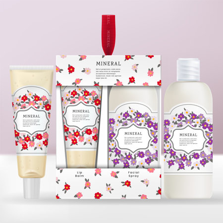 Vector Festive Collection or Seasonal Gifting Lip Gloss or Hand Cream Tube and Body Wash Bottle Packaging with Floral Print Pattern.のイラスト素材
