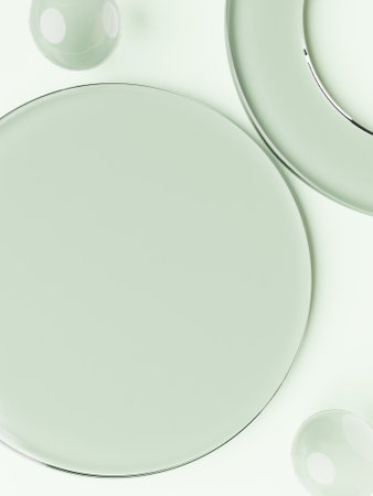 3D Rendering Geometric or Abstract Shape Pastel Green Acrylic Glass Plates Product Display Background for Summer Healthcare and Skincare Products.の写真素材