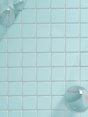3D Rendering Bathroom or Kitchen Pastel Tiles under Sunlight Background for Toiletries or Kitchenware Product Displayの写真素材