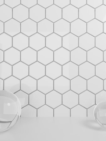 3D Rendering Bathroom or Kitchen Pastel Hexagon Tiles and Crystal Balls under Sunlight Background for Toiletries or Kitchenware Product Displayの写真素材