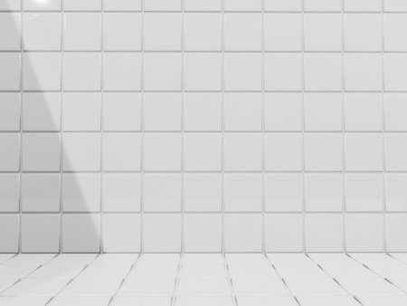 3D Rendering Bathroom or Kitchen Pastel Tiles under Sunlight Background for Toiletries or Kitchenware Product Displayの写真素材