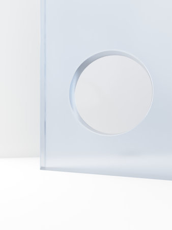 3D Rendering Minimal Studio Shot Pastel Color Transparent Acrylic Board and Round Window with Sunlight Product Display Background for Fashion, Cosmetics and Trendy Products.の写真素材
