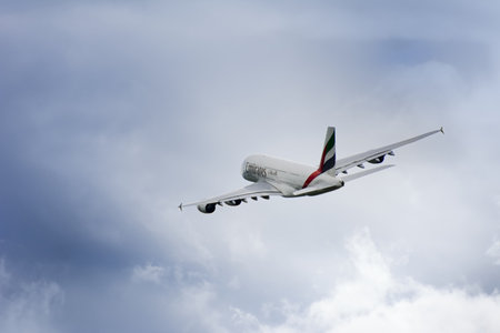 MUNICH, GERMANY - MAY 20: Airbus A380 from the Emirates taking off from the airport in Munich, Germany on May 20, 2013. The A380 is the world's biggest jet airliner. Foto taken from Ismaninger street outside the airport.のeditorial素材