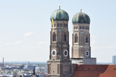 The towers of the famous Frauenkirche in Munichの写真素材