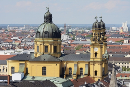 Aerial view over Munich and the baroque Theatine Church.の写真素材