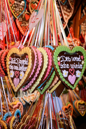 MUNICH, GERMANY - SEPTEMBER 25: Gingerbread herats sold on the Oktoberfest in Munich, Germany on September 25, 2013. The Oktoberfest is the biggest beer festival of the world with over 6 million visitors each year.のeditorial素材