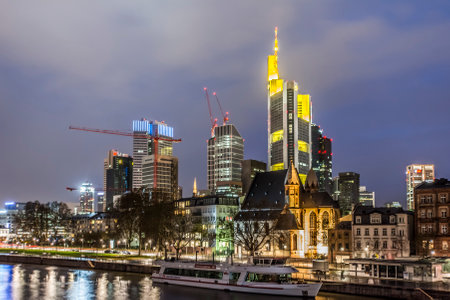 FRANKFURT, GERMANY - NOVEMBER 24: Skyline of Frankfurt, Germany on November 24, 2013. Frankfurt is the largest financial centre in continental Europe. Foto taken from Eisener Steg bridge.のeditorial素材