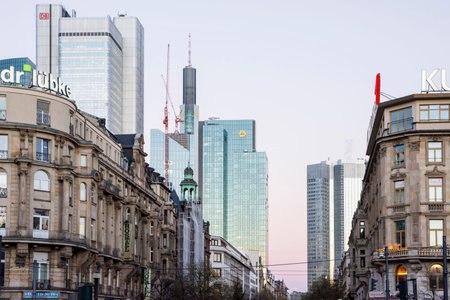 FRANKFURT, GERMANY - NOVEMBER 26: The Commerzbank tower in Frankfurt, Germany on November 25, 2013. The skyscarper is the tallest building in Germany. Foto taken from Hauptbahnhof.のeditorial素材