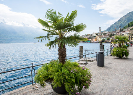LIMONE, ITALY - APRIL 22: Water front of Limone, Italy on April 22, 2014. The town at Lake Garda is famous for the cultivation of lemons. Foto taken from the water front in Limone.のeditorial素材