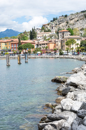 TORBOLE, ITALY - APRIL 22: The village of Torbole, Italy on April 22, 2014. The town is located at Lake Garda, the biggest lake of Italy, which is popular for windsurfing. Foto taken from Via Conca D' Oroのeditorial素材