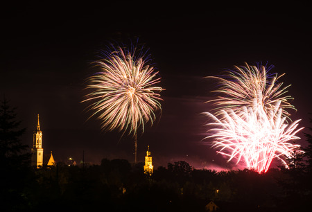 Fireworks display over the town of Schrobenhausen (Bavaria)の写真素材