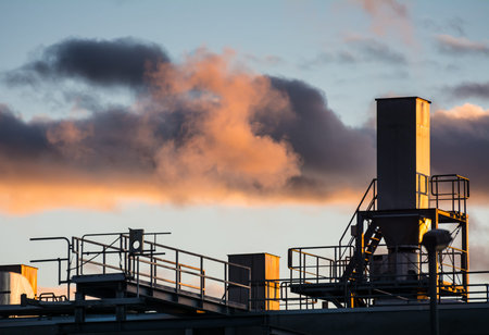 Old industrial site with dark clouds in the evening sky.